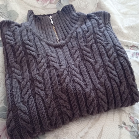 Chocolate Brown Zip Front Pullover Cableknit Sweater - Picture 2 of 13